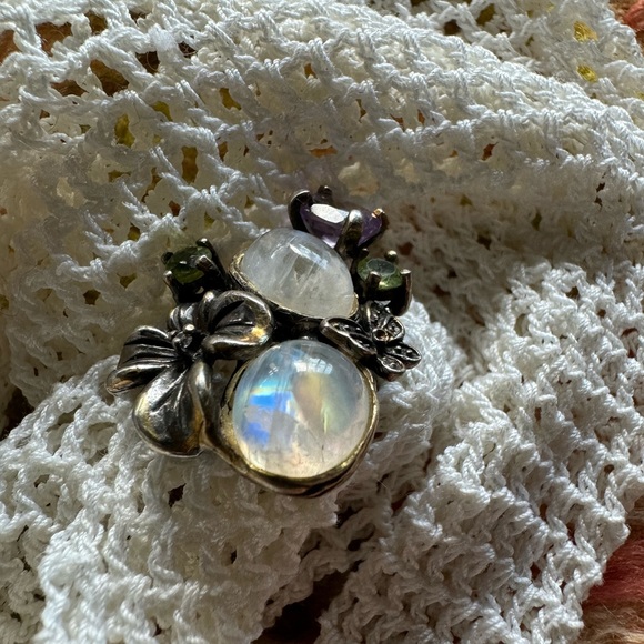 MOONSTONE RAINBOW AMETHYST PERIDOT DIAMOND GOLD AND .925 ORIGINAL CUSTOM RING - Picture 5 of 14